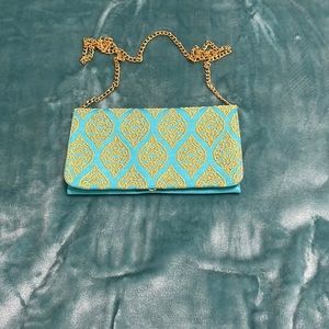 Shiraleah Chicago turquoise with golden embroidery print crossbody bag